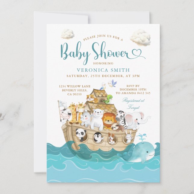 Watercolor Cute Noah's Ark baby shower adventure Invitation (Front)