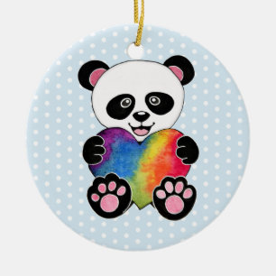 Watercolor Cute Panda With Rainbow Heart Ceramic Tree Decoration