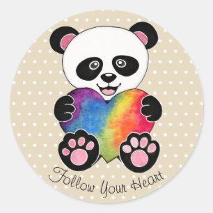 Watercolor Cute Panda With Rainbow Heart Classic Round Sticker