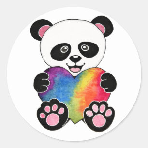 Watercolor Cute Panda With Rainbow Heart Classic Round Sticker