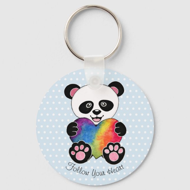 Watercolor Cute Panda With Rainbow Heart Key Ring (Front)