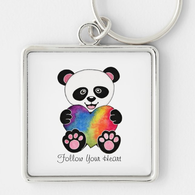Watercolor Cute Panda With Rainbow Heart Key Ring (Front)