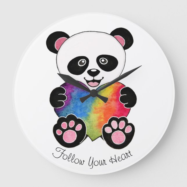 Watercolor Cute Panda With Rainbow Heart Large Clock (Front)