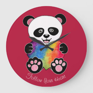 Watercolor Cute Panda With Rainbow Heart Large Clock