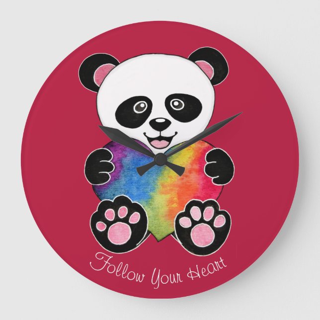 Watercolor Cute Panda With Rainbow Heart Large Clock (Front)