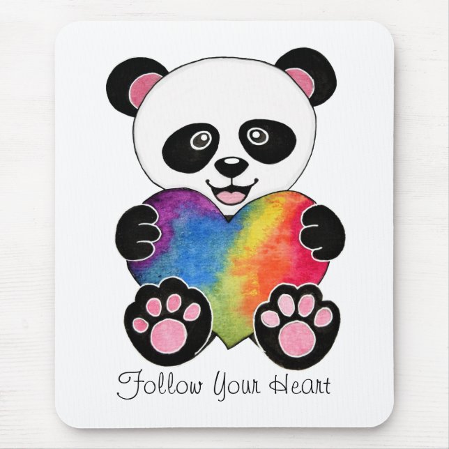 Watercolor Cute Panda With Rainbow Heart Mouse Pad (Front)