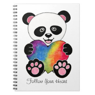 Watercolor Cute Panda With Rainbow Heart Notebook