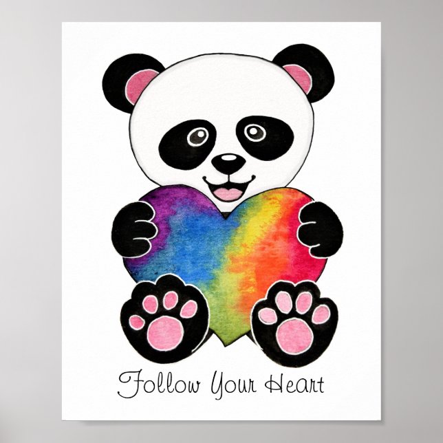 Watercolor Cute Panda With Rainbow Heart Poster (Front)