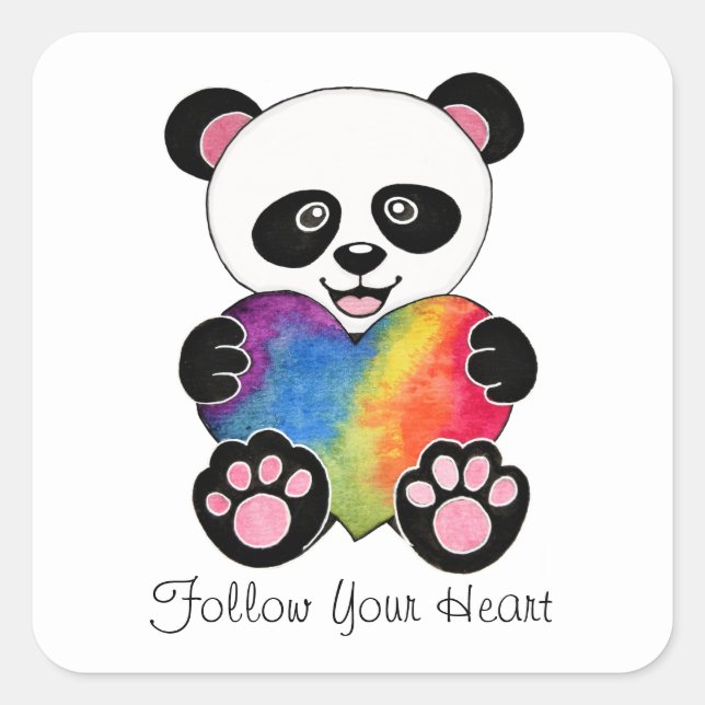 Watercolor Cute Panda With Rainbow Heart Square Sticker (Front)
