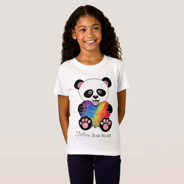 Watercolor Cute Panda With Rainbow Heart T-Shirt (Front Full)