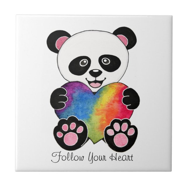 Watercolor Cute Panda With Rainbow Heart Tile (Front)