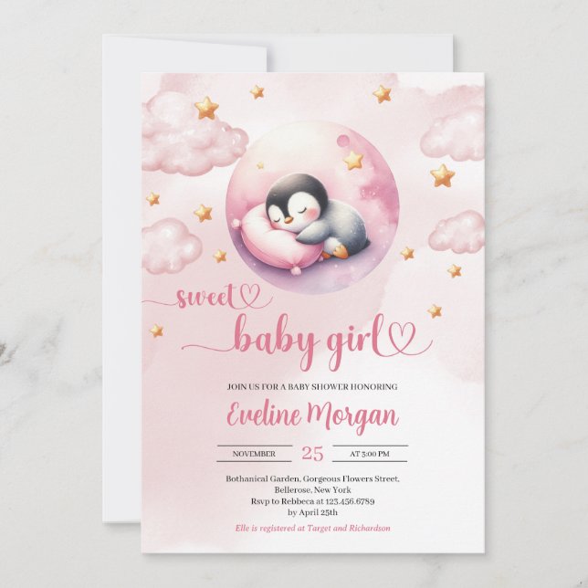 Watercolor cute penguin girl baby shower invitation (Front)