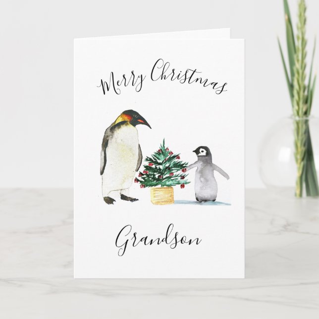 Watercolor Cute Penguin Merry Christmas Kids Holiday Card (Front)