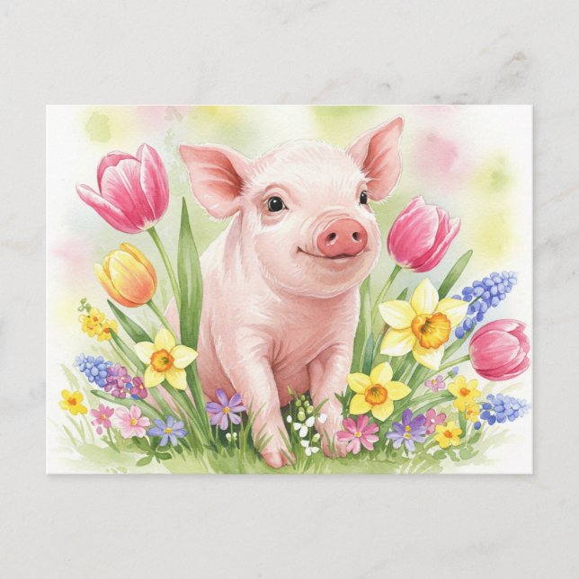 Watercolor Cute Pig Flowers Young Animals Postcard (Front)