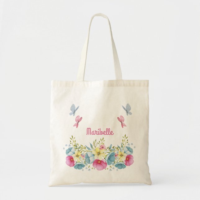 Watercolor Cute Pink Blue Butterflies Floral   Tote Bag (Front)