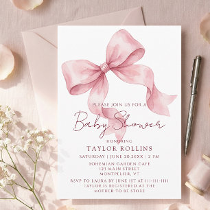 Watercolor Cute Pink Bow Baby Shower Invitation