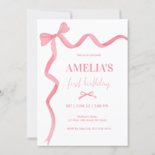 Watercolor Cute Pink Bow Coquette 1st Birthday Invitation