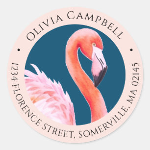 Watercolor Cute Pink Flamingo Blue Address Classic Round Sticker