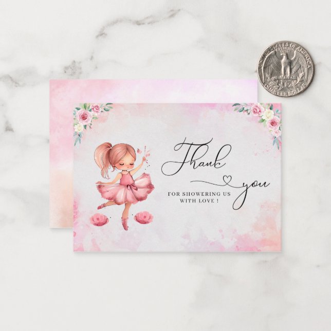  Watercolor cute pink girl ballet baby shower tha Card (Front/Back In Situ)