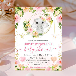 Watercolor Cute Pink Jungle Elephant Baby Shower Invitation