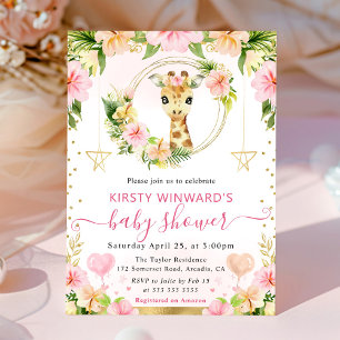 Watercolor Cute Pink Jungle Giraffe Baby Shower Invitation