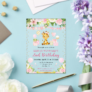Watercolor Cute Pink Jungle Giraffe Kids Birthday Acrylic Invitations