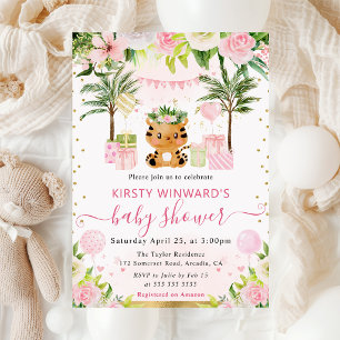 Watercolor Cute Pink Jungle Tiger Baby Shower Invitation