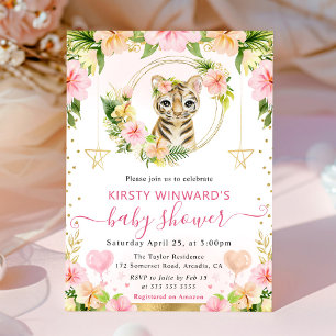 Watercolor Cute Pink Jungle Tiger Baby Shower Invitation