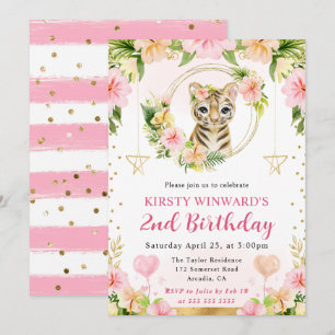 Watercolor Cute Pink Jungle Tiger Kids Birthday Invitation