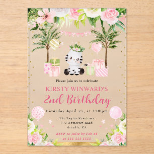 Watercolor Cute Pink Jungle Zebra Kids Birthday Acrylic Invitations