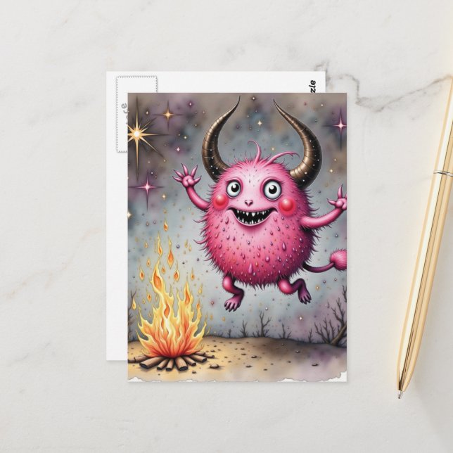 Watercolor Cute Pink Monster and a Campfire Postcard (Front/Back In Situ)
