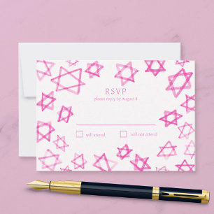 Watercolor Cute Pink Star of David Bar Bat Mitzvah RSVP Card