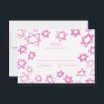 Watercolor Cute Pink Star of David Bar Bat Mitzvah RSVP Card<br><div class="desc">Perfect response RSVP card for a bat mitzvah, bar mitzvah or other Jewish celebration! Hand made watercolor art for you on the front and back side! FULLY CUSTOMIZABLE! Click on “Personalise” above to edit the text. Click "edit using design tool" to adjust the fonts, colours and placements and to delete...</div>