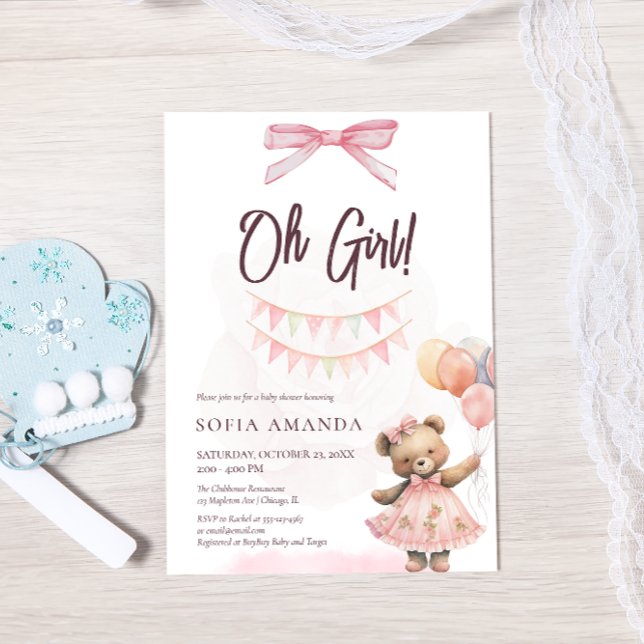 Watercolor Cute Pink Teddy Bear Baby Shower Invitation (Creator Uploaded)