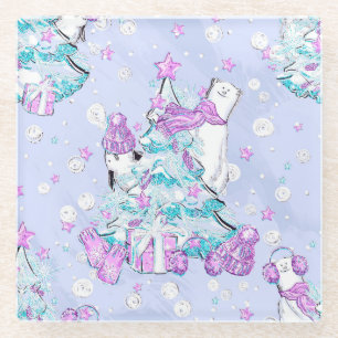 Watercolor Cute Polar Bear and Penguin Christmas Glass Coaster