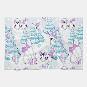 Watercolor Cute Polar Bear and Penguin Friends Tea Towel