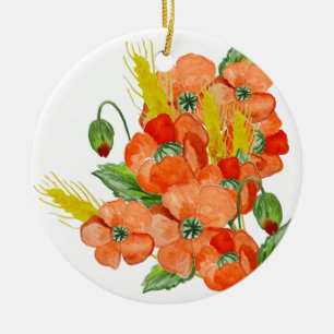 Watercolor cute poppy flowers ceramic tree decoration