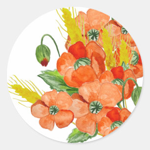 Watercolor cute poppy flowers classic round sticker