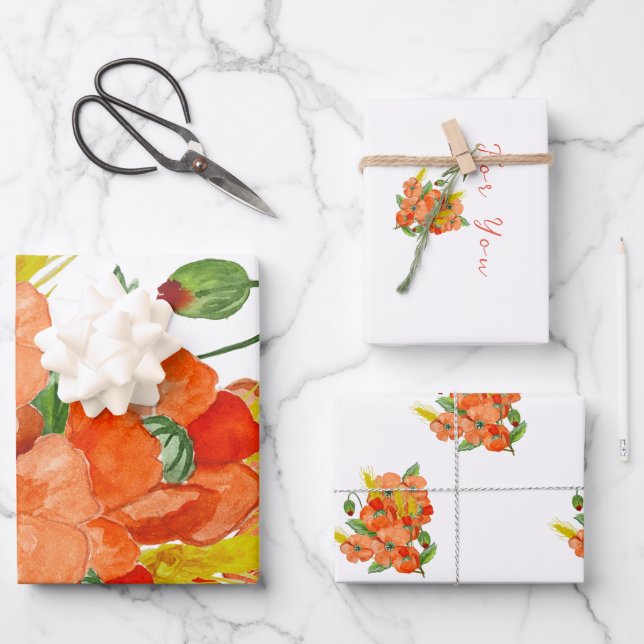 Watercolor cute poppy flowers wrapping paper sheet (Front)