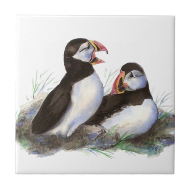 Watercolor Cute Puffin Bird Art Tile (Front)