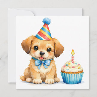 Watercolor Cute Puppy with Birthday Cupcake  Card