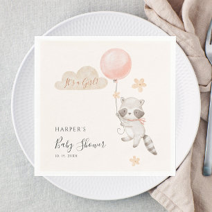 Watercolor Cute Raccoon Flying Balloon Baby Shower Napkin
