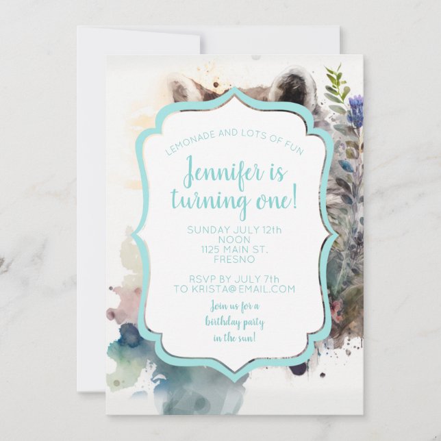 Watercolor Cute Racoon Spring Flowers        Invitation (Front)