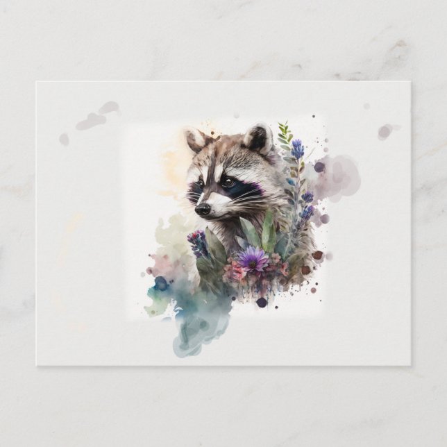 Watercolor Cute Racoon Spring Flowers         Postcard (Front)