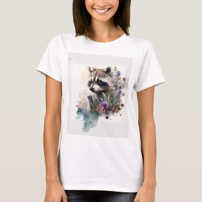 Watercolor Cute Racoon Spring Flowers        T-Shirt (Front)
