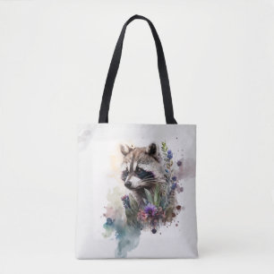 Watercolor Cute Racoon Spring Flowers Tote Bag