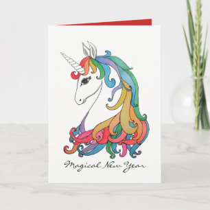 Watercolor cute rainbow unicorn holiday card