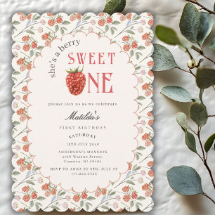 Watercolor Cute Raspberry Sweet One 1st Birthday Invitation