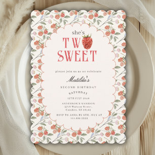 Watercolor Cute Raspberry Two Sweet 2nd Birthday Invitation