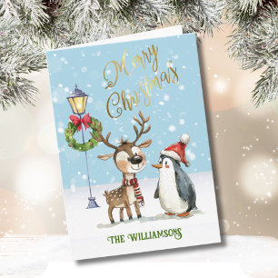 Watercolor Cute Reindeer Christmas Tree Card
